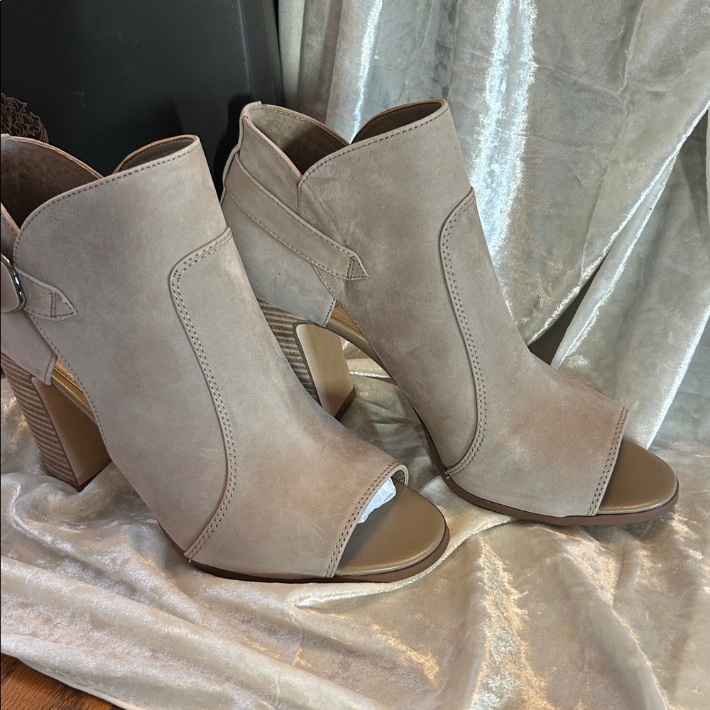 Vince Camuto Taupe Suede Open-Toe Stacked Heel Booties - Picture 3 of 11